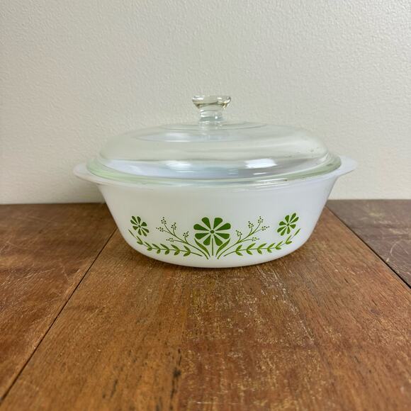 Vintage 1950s Green Daisy Glasbake J514 2 qt round‎ casserole Dish & lid - Picture 1 of 9